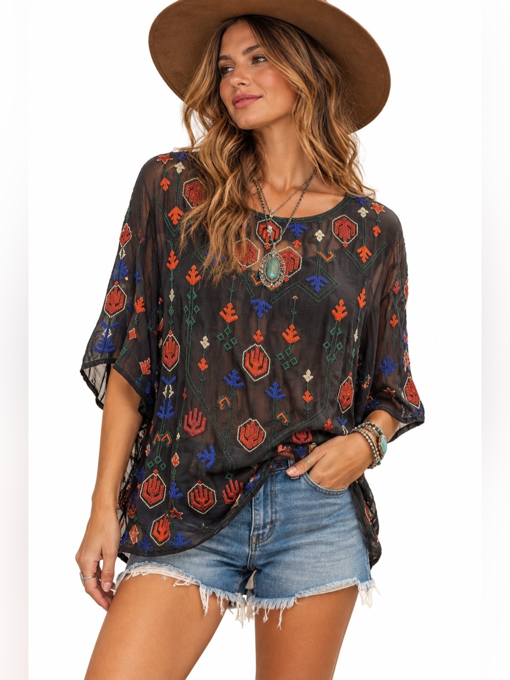Lucky Brand Sheer Embroidered Boho Peasant Blouse Black Floral XL Southwest